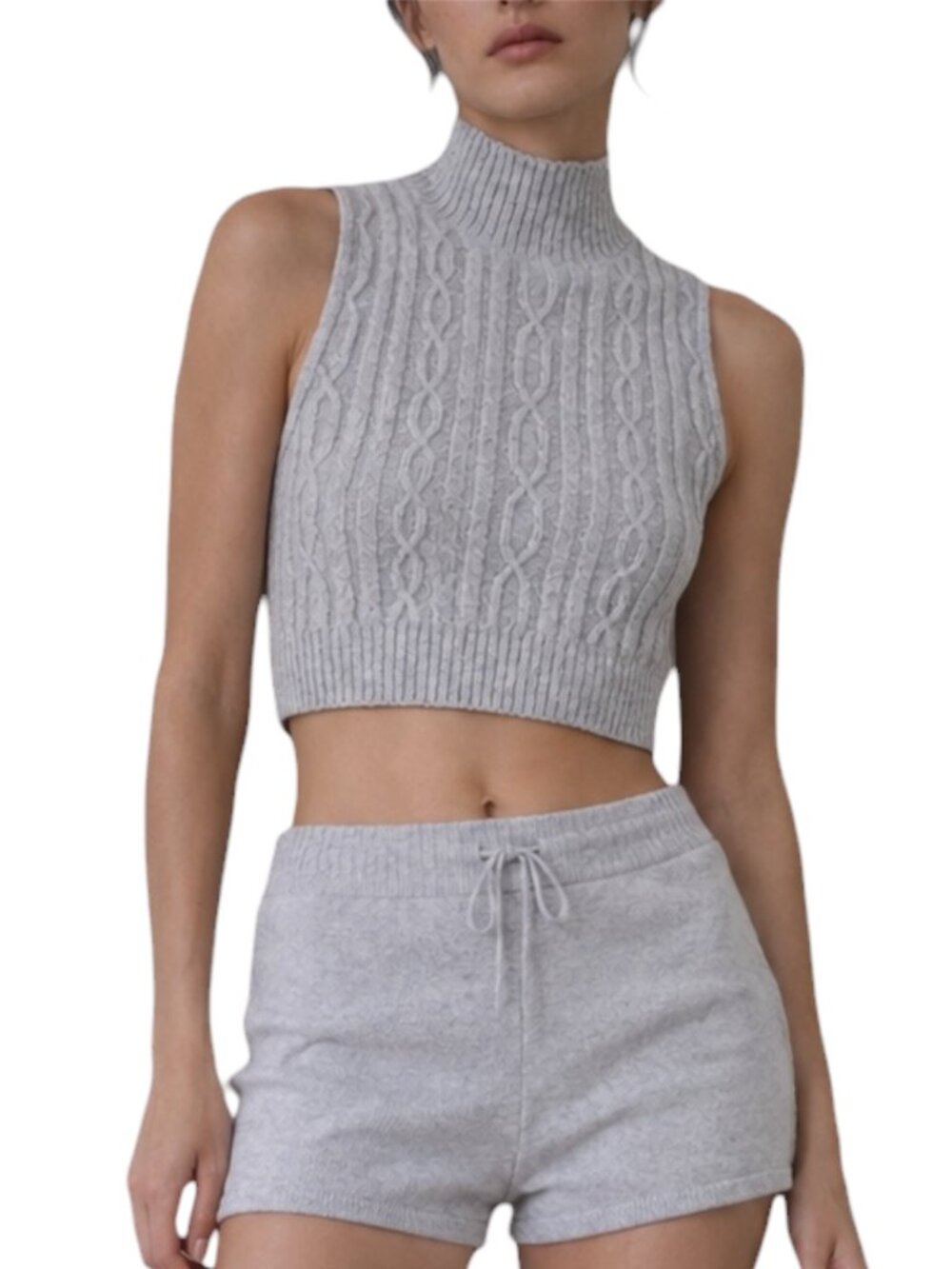 Alo Yoga Cable Knit Winter Bliss Mock Neck Tank Heather Gray Crop L